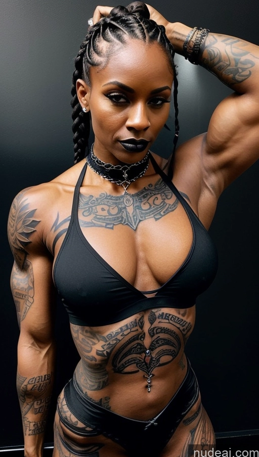 ai nude image of arafed woman with tattoos on her body posing for a picture pics of Bodybuilder Muscular Tattoos Skinny Braided Small Tits Black Goth Choker Perfect Boobs