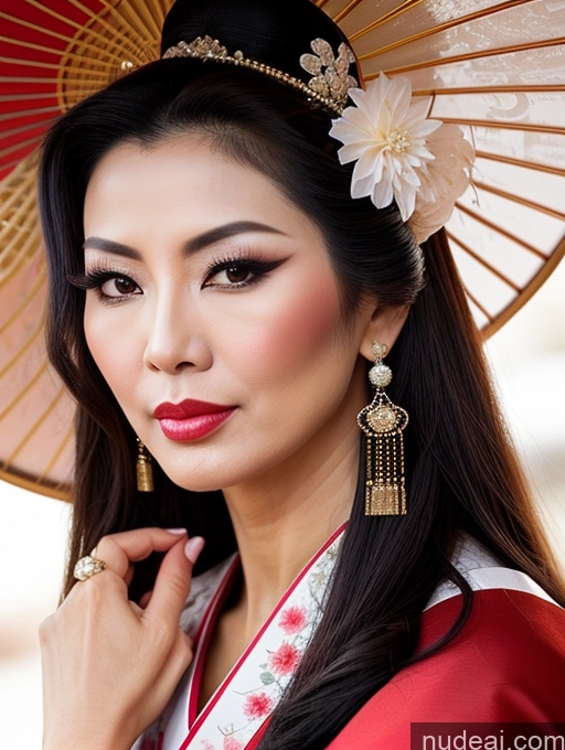 ai nude image of araffe asian woman with a red umbrella and a white flower in her hair pics of Milf Beautiful Long Hair Pouting Lips Sexy Face 50s Asian Geisha