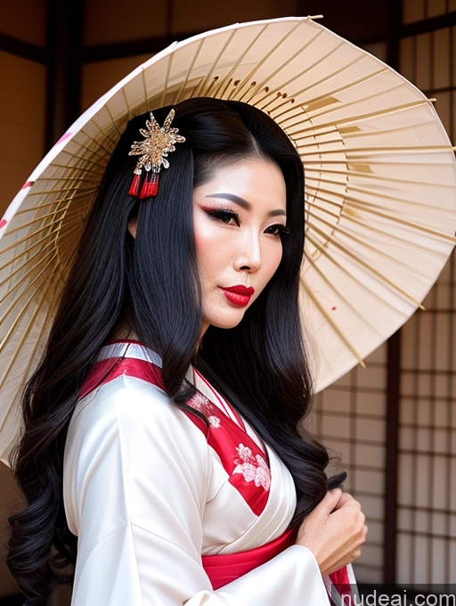 ai nude image of araffe woman in a kimono with a white umbrella and red dress pics of Milf Beautiful Long Hair Pouting Lips Sexy Face Asian Geisha Cumshot 60s