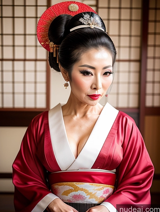 ai nude image of araffe woman in a red and white kimono dress posing for a picture pics of Milf Beautiful Pouting Lips Sexy Face Asian Geisha Cumshot 60s Hair Bun