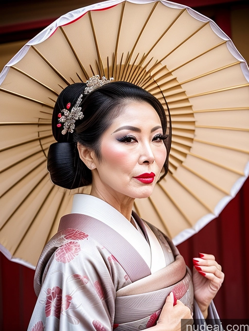 ai nude image of araffe woman in kimono with a parasol and red lipstick pics of Milf Beautiful Pouting Lips Sexy Face Asian Geisha Cumshot 60s Hair Bun