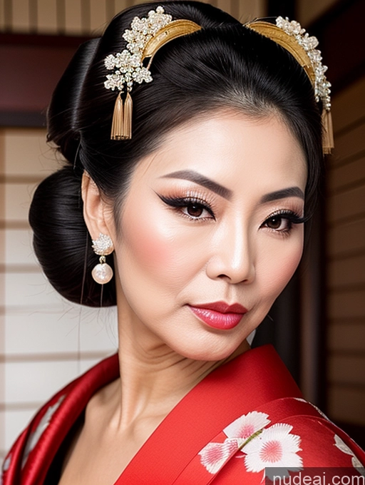 ai nude image of there is a woman in a red kimono with a gold headpiece pics of Milf Beautiful Pouting Lips Sexy Face Asian Geisha Cumshot 60s Hair Bun