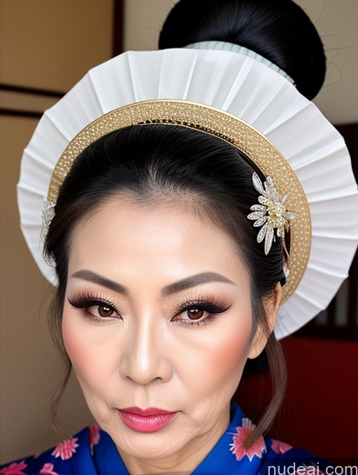 ai nude image of there is a woman with a fan on her head and a blue dress pics of Milf Beautiful Pouting Lips Sexy Face Asian Geisha Cumshot 60s Hair Bun