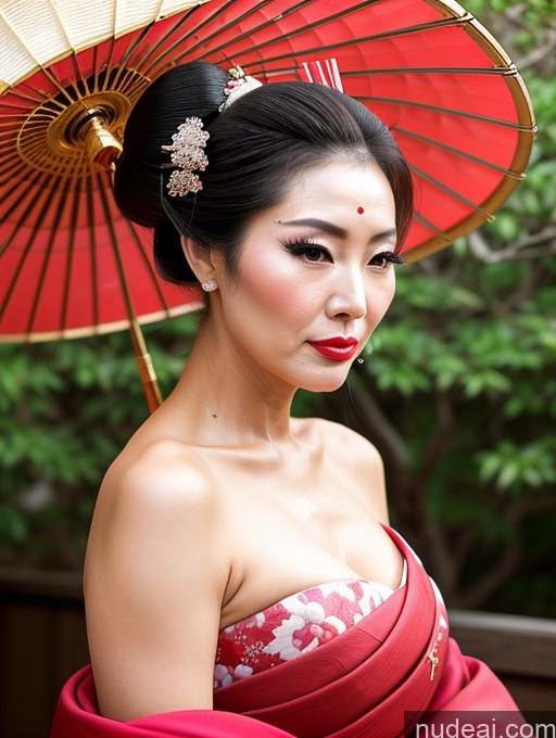 ai nude image of araffe woman in a red dress with a red umbrella pics of Milf Beautiful Pouting Lips Sexy Face Asian Geisha Cumshot 60s Hair Bun