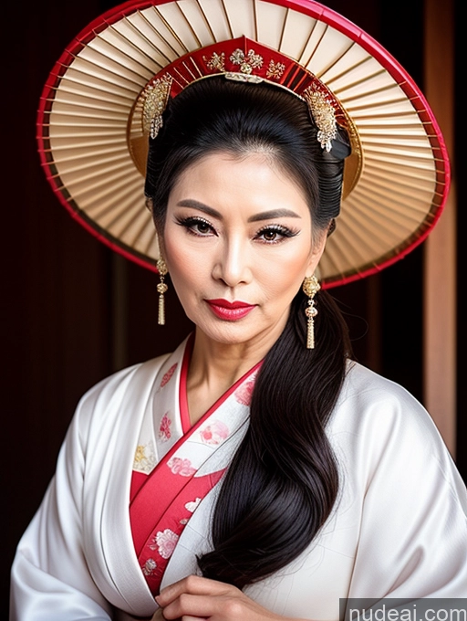 ai nude image of araffe woman in a kimono with a red and white hat pics of Milf Beautiful Pouting Lips Asian Geisha 60s Hair Bun Seductive