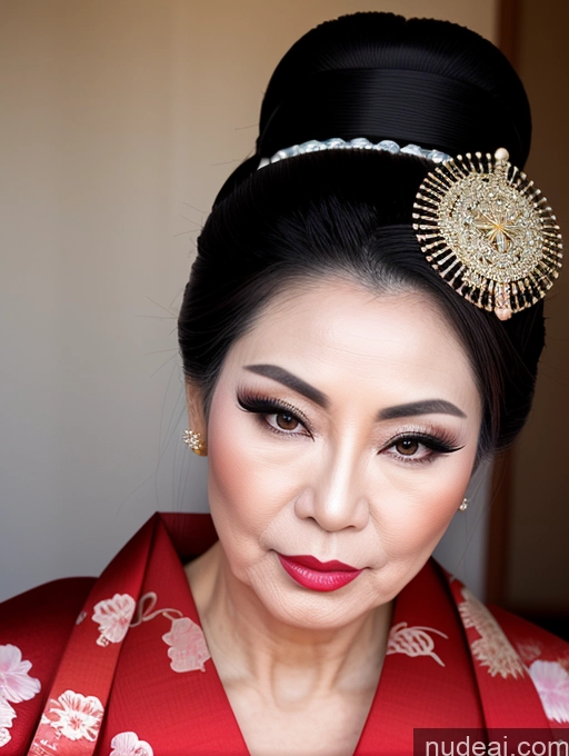 ai nude image of araffe woman in a red kimono with a gold brooch pics of Milf Beautiful Pouting Lips Asian Geisha 60s Hair Bun Seductive