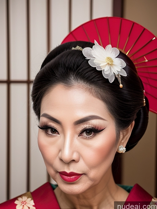 ai nude image of there is a woman with a red umbrella and a flower in her hair pics of Milf Beautiful Pouting Lips Asian Geisha 60s Hair Bun Seductive