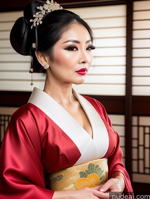 ai nude image of araffe woman in a kimono with a red and white dress pics of Milf Beautiful Pouting Lips Asian Geisha 60s Hair Bun Seductive