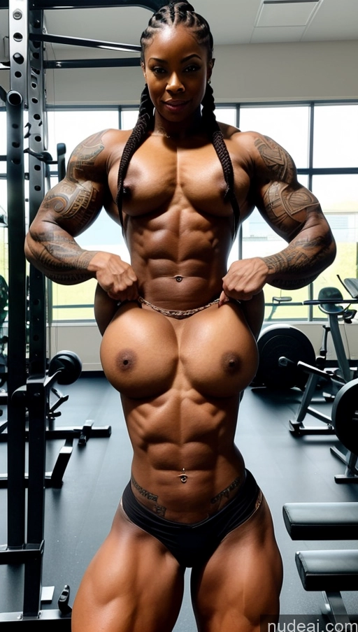 ai nude image of a woman posing in a gym with a big ass body pics of Bodybuilder Muscular Tattoos Braided Small Tits Black Perfect Boobs Nude Abs Working Out Gym