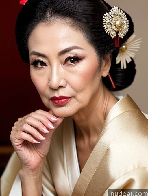 ai nude image of araffe woman with a red flower in her hair and a gold robe pics of Milf Beautiful Pouting Lips Asian Geisha Hair Bun Seductive 70s