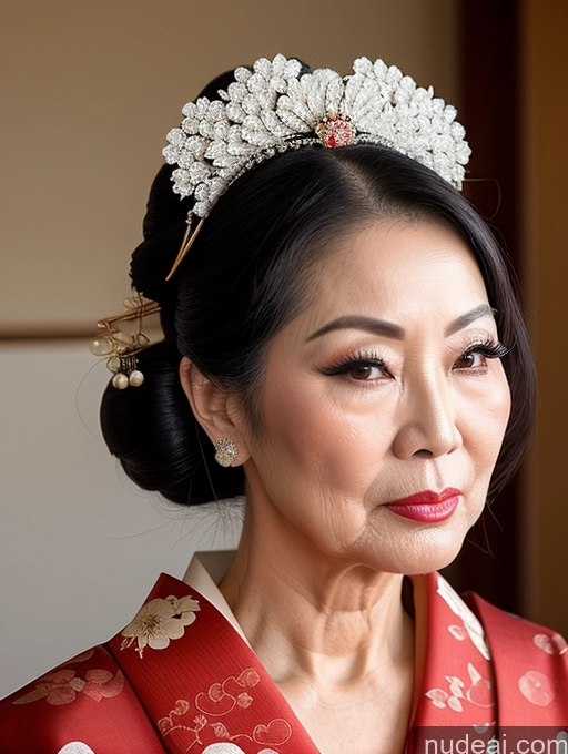 ai nude image of araffe woman in a red kimono with a tiara and a flowered headband pics of Milf Beautiful Pouting Lips Asian Geisha Hair Bun Seductive 70s