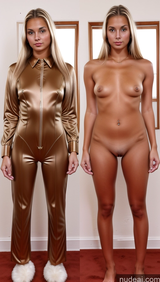 ai nude image of two women in shiny outfits posing for a picture in front of a mirror pics of 18 70s Tanned Skin Skinny Blonde Detailed Onoff Reverse Bunny Suit