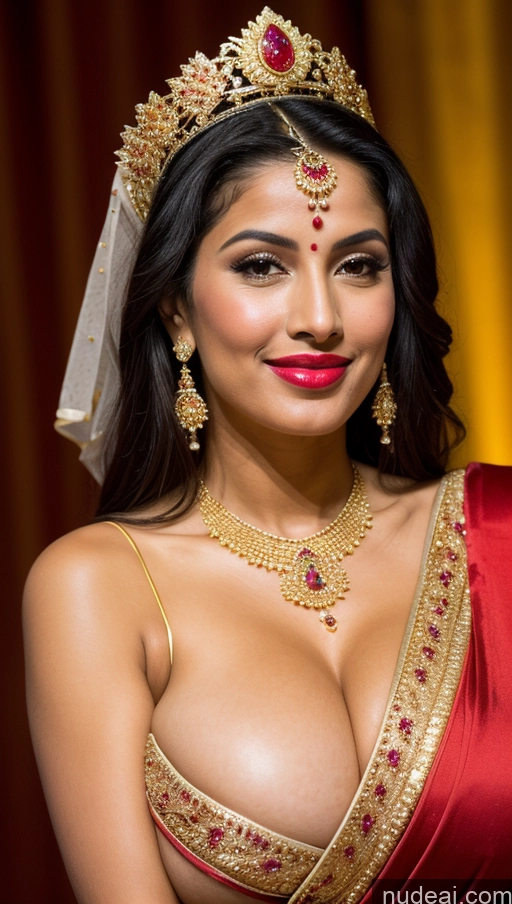 ai nude image of araffe woman in a red dress with a gold crown and red lipstick pics of Miss Universe Model Busty Huge Boobs Beautiful Lipstick Big Ass Fairer Skin 50s Happy Seductive Sexy Face Black Hair Straight Middle Eastern Skin Detail (beta) Gold Jewelry Jewelry Bright Lighting Chubby Strip Club Traditional Sari Close-up View