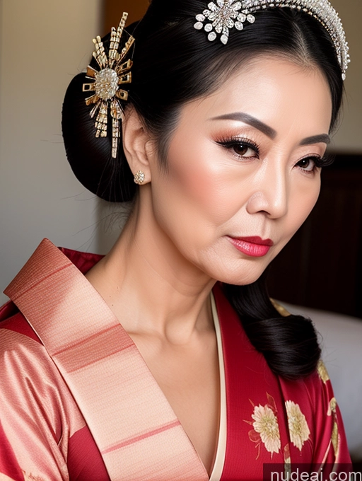 ai nude image of araffe woman in a red dress with a tiara and a pearl headpiece pics of Milf Beautiful Pouting Lips Asian Geisha Hair Bun Seductive 70s