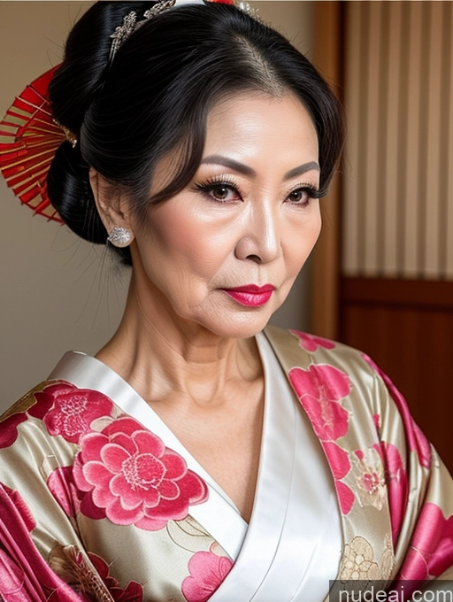 ai nude image of araffe woman in a kimono with a red fan and a pink flower pics of Milf Beautiful Pouting Lips Asian Geisha Hair Bun Seductive 70s