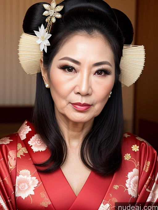 ai nude image of there is a woman in a red kimono with a flower in her hair pics of Milf Beautiful Pouting Lips Asian Geisha Hair Bun Seductive 70s