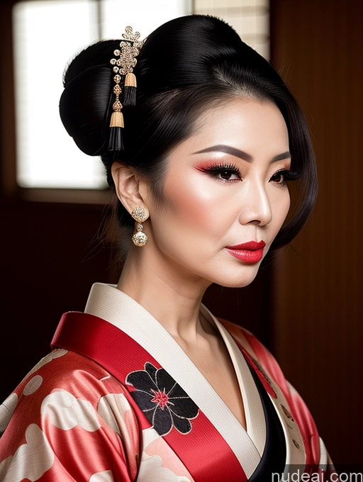 ai nude image of araffe woman in a kimono with a red and white dress pics of Milf Beautiful Pouting Lips Asian Geisha Hair Bun Seductive 60s