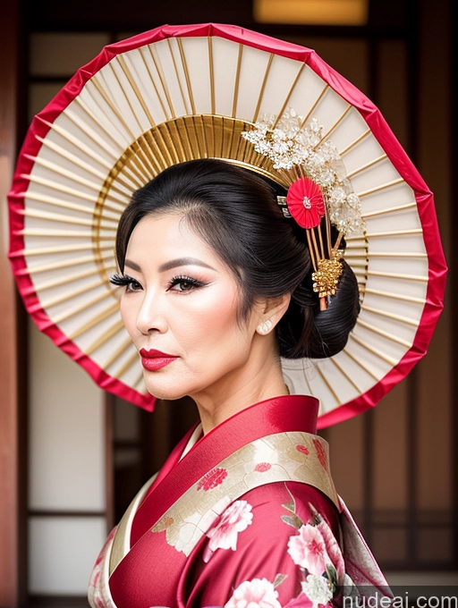 ai nude image of araffe woman in a kimono with a red and gold umbrella pics of Milf Beautiful Pouting Lips Asian Geisha Hair Bun Seductive 60s