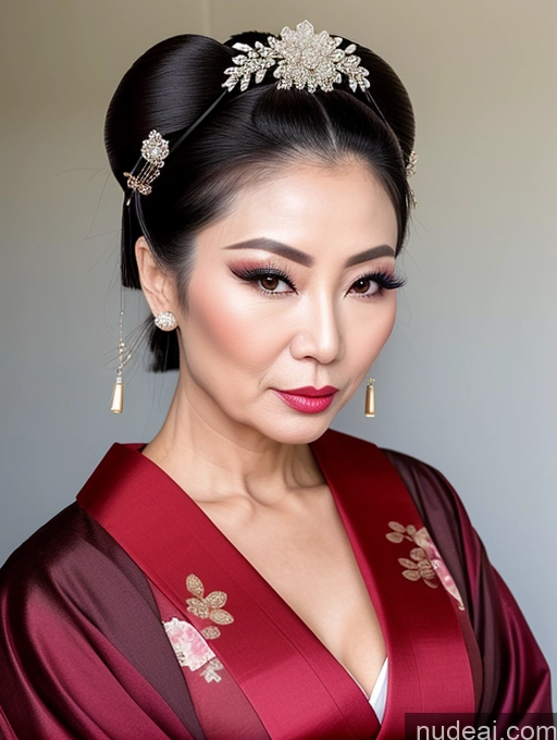 ai nude image of araffe woman in a red robe with a flowered headpiece pics of Milf Beautiful Pouting Lips Asian Geisha Hair Bun Seductive 60s