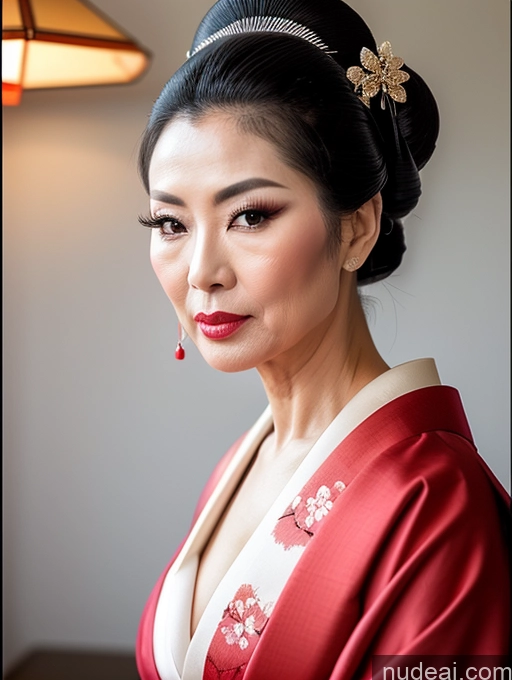 ai nude image of arafed asian woman in a red kimono with a flower in her hair pics of Milf Beautiful Pouting Lips Asian Geisha Hair Bun Seductive 60s