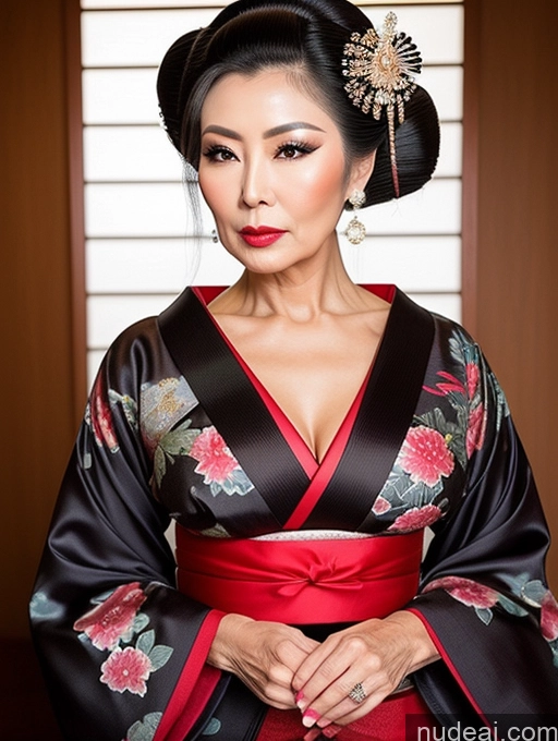 ai nude image of araffe woman in a kimono with a red sash and a black and red dress pics of Milf Beautiful Pouting Lips Asian Geisha Hair Bun Seductive 60s