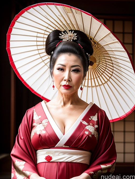 ai nude image of araffe woman in a kimono with a parasol and a red dress pics of Milf Asian Geisha Hair Bun 60s Chubby Pouting Lips Sexy Face