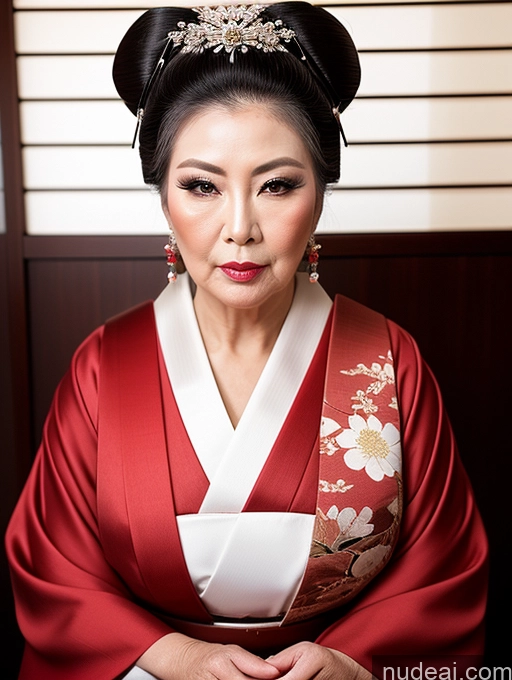 ai nude image of there is a woman in a red kimono with a cup of tea pics of Milf Asian Geisha Hair Bun 60s Chubby Pouting Lips Sexy Face