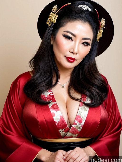 ai nude image of araffe woman in a red kimono with a black hat and red dress pics of Milf Asian Geisha 60s Chubby Pouting Lips Sexy Face Long Hair