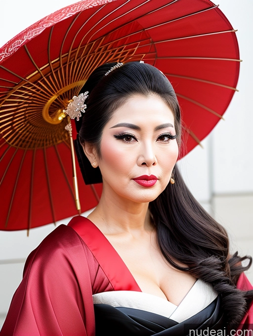 ai nude image of there is a woman in a red and black dress holding a red umbrella pics of Milf Asian Geisha 60s Chubby Pouting Lips Sexy Face Long Hair