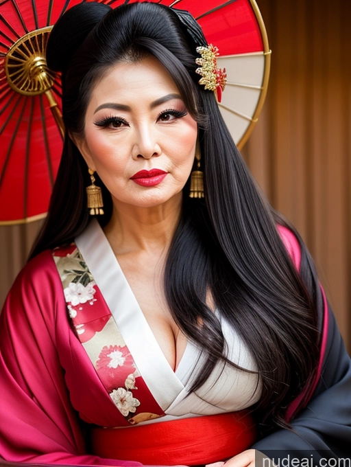 ai nude image of araffe woman in a kimono with a red umbrella and a red hat pics of Milf Asian Geisha 60s Chubby Pouting Lips Sexy Face Long Hair