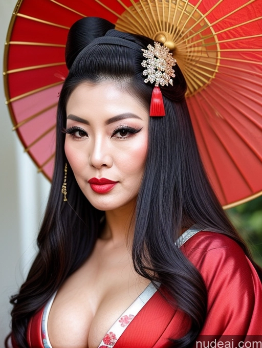 ai nude image of araffe asian woman with a red umbrella and a red dress pics of Milf Asian Geisha 60s Chubby Pouting Lips Sexy Face Long Hair Cumshot