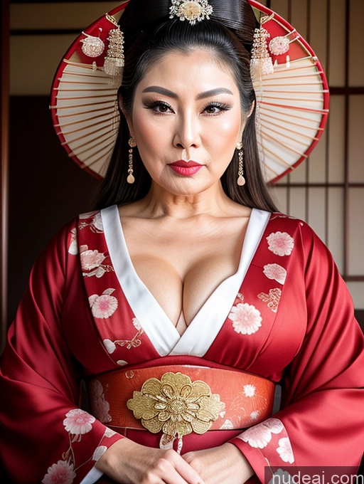 ai nude image of there is a woman in a red kimono with a red hat and a red umbrella pics of Milf Asian Geisha Chubby Pouting Lips Sexy Face Long Hair Cumshot 70s