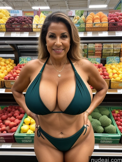 ai nude image of arafed woman in a bikini posing in a grocery store pics of Milf One Busty Huge Boobs Tanned Skin Brazilian Front View Thong Microkini Grocery 70s