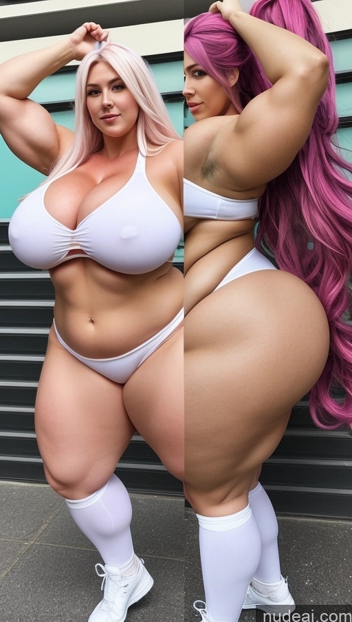 ai nude image of a close up of a woman in a white bikini and a pink haired woman in a white bikini pics of Huge Boobs Big Ass Abs Chubby Fairer Skin Long Hair Cosplay Muscular