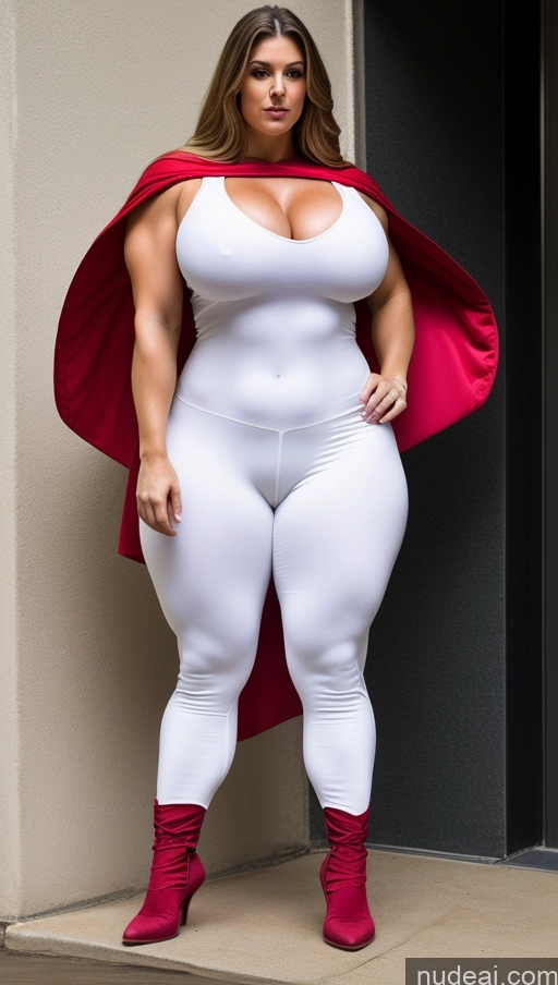 ai nude image of araffe woman in a white bodysuit and red cape posing for a picture pics of Huge Boobs Muscular Big Ass Abs Fairer Skin Long Hair Superhero Chubby