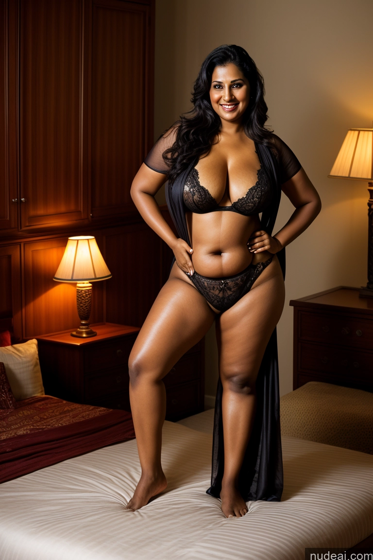 ai nude image of there is a woman in a black lingerie posing on a bed pics of One Busty Big Ass Thick Big Hips Long Legs Tall Dark Skin 50s Sexy Face Indian Bedroom Front View Cleavage Dark Lighting Detailed Black Hair Chubby Laughing Milf Fat Sari