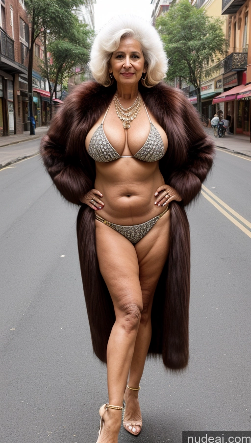 ai nude image of araffe woman in a fur coat and bikini walking down a street pics of Milf Busty Big Ass 70s Long Hair Indian Bikini Two Street Jewelry Fur