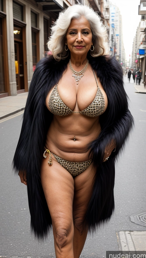 ai nude image of araffe woman in a leopard print bikini and fur coat walking down a street pics of Milf Busty Big Ass 70s Long Hair Indian Bikini Street Jewelry Fur One