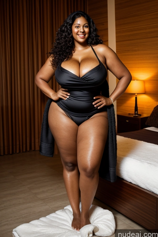 ai nude image of araffe woman in a black swimsuit posing for a picture pics of Milf Busty Huge Boobs Big Ass Thick Chubby Big Hips Tall Long Legs Dark Skin 50s Sexy Face Black Hair Indian Bedroom Dark Lighting Detailed Curly Hair Happy Towel