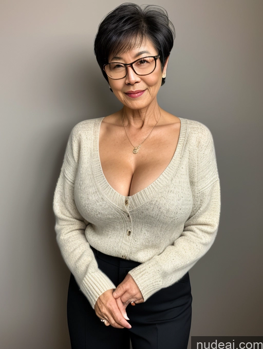 ai nude image of arafed woman in glasses and a sweater posing for a picture pics of Milf Two Perfect Boobs Beautiful Glasses Perfect Body 70s Sexy Face Short Hair Chinese Bra Casual Sweater Professor Cleavage Dark Lighting Detailed