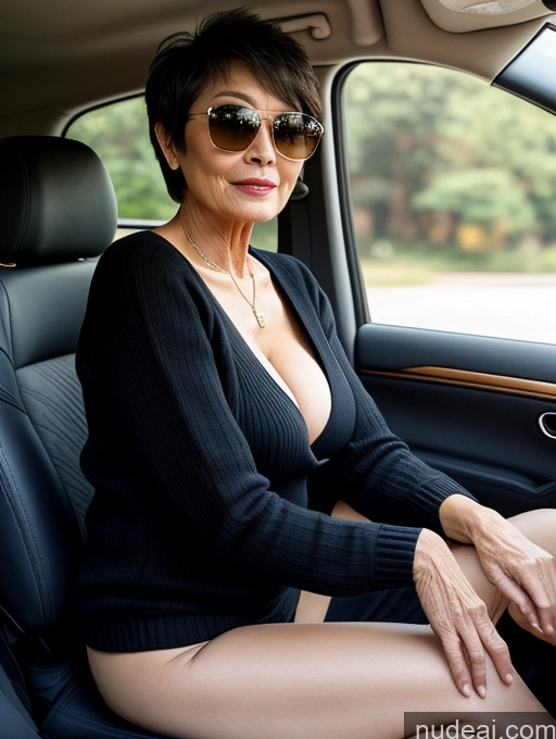 ai nude image of woman sitting in a car with her legs crossed and wearing sunglasses pics of Milf Two Perfect Boobs Beautiful Sunglasses Perfect Body Short Hair 60s Chinese Car Side View Bra Casual Professor Sweater Cleavage Detailed Sexy Face