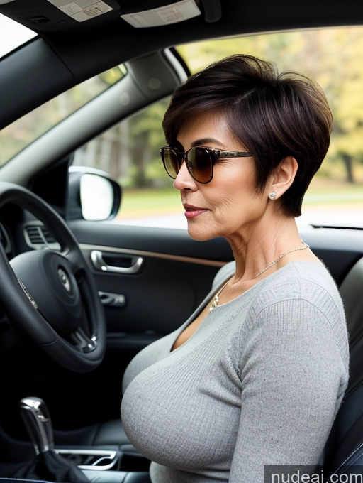 ai nude image of woman in a car with sunglasses on and a gray top pics of Milf Two Perfect Boobs Beautiful Sunglasses Perfect Body Short Hair 60s Car Side View Bra Casual Professor Sweater Cleavage Detailed Sexy Face Asian