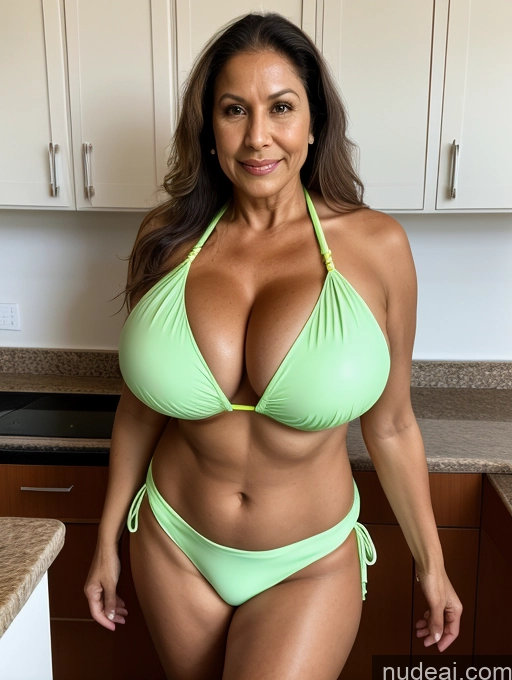 ai nude image of arafed woman in a green bikini posing in a kitchen pics of Milf One Busty Huge Boobs Tanned Skin 70s Brazilian Front View Lab Coat Microkini Professor Thong