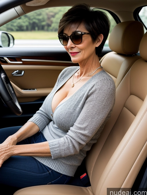 ai nude image of woman sitting in a car with her hands on the steering wheel pics of Milf Two Perfect Boobs Beautiful Sunglasses Perfect Body Short Hair 60s Car Side View Bra Casual Professor Sweater Cleavage Detailed Sexy Face Vietnamese