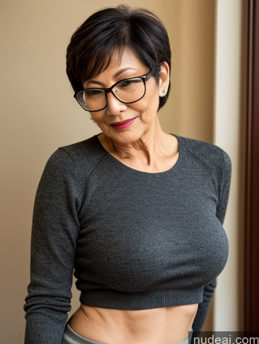 ai nude image of there is a woman with glasses and a gray sweater posing for a picture pics of Milf Two Perfect Boobs Beautiful Glasses Perfect Body Short Hair 70s Side View Bra Casual Professor Sweater Cleavage Dark Lighting Detailed Sexy Face Vietnamese