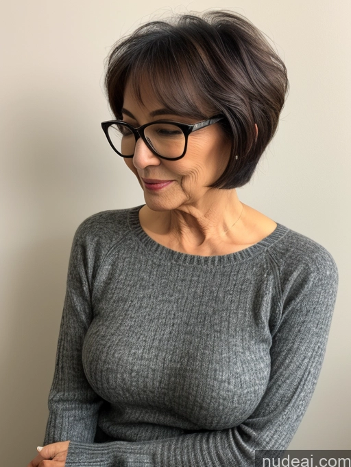 ai nude image of arafed woman with glasses and a gray sweater looking down pics of Milf Two Perfect Boobs Beautiful Glasses Perfect Body Short Hair 70s Side View Bra Casual Professor Sweater Cleavage Dark Lighting Detailed Sexy Face Vietnamese