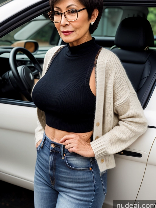 ai nude image of woman in glasses leaning against a car with her hands on her hips pics of Milf Two Beautiful Glasses Perfect Body Short Hair 70s Car Side View Bra Casual Professor Sweater Cleavage Dark Lighting Detailed Sexy Face Asian Small Tits Jeans Undone