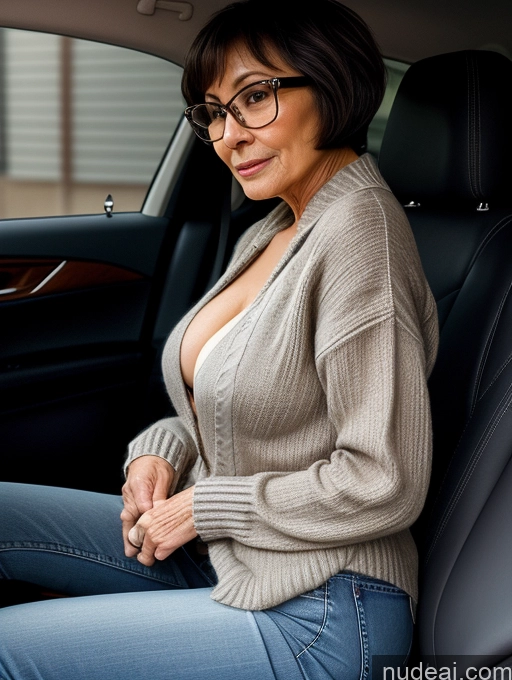 ai nude image of arafed woman sitting in a car with her hands on her hips pics of Milf Two Beautiful Glasses Perfect Body Short Hair 70s Car Side View Bra Casual Professor Sweater Cleavage Dark Lighting Detailed Sexy Face Asian Small Tits Jeans Undone Partially Nude