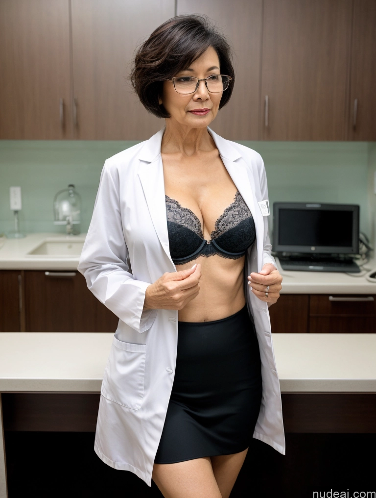 ai nude image of there is a woman in a lab coat and skirt posing for a picture pics of Milf Two Perfect Boobs Beautiful Glasses Perfect Body Short Hair 70s Bra Casual Doctor Lab Coat Cleavage Dark Lighting Detailed Sexy Face Asian