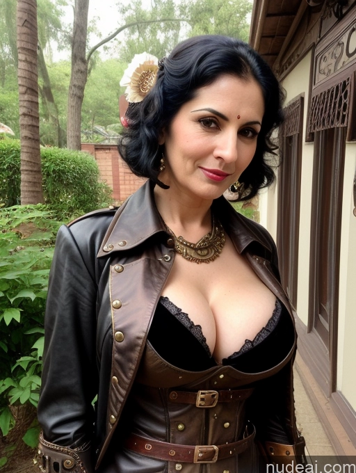 ai nude image of there is a woman in a corset and leather jacket posing for a picture pics of Short Black Hair Fairer Skin Indian 30s Busty Sexy Face Milf Steampunk